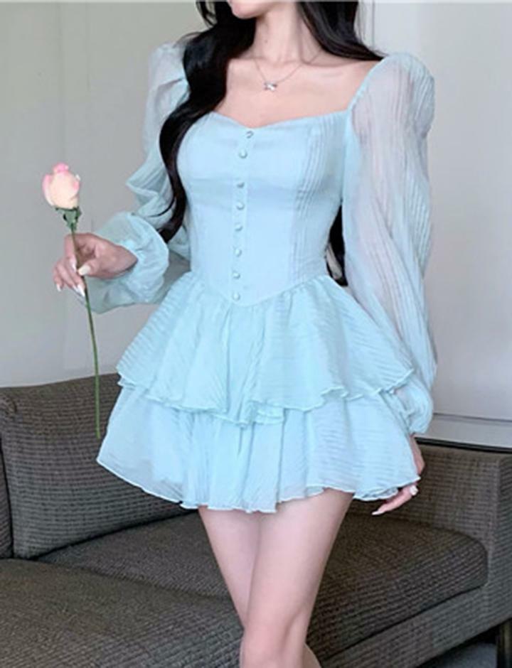 Puff Sleeve Corset Mini Dress with Layered Hem - Y2K Coquette Aesthetic Fashion