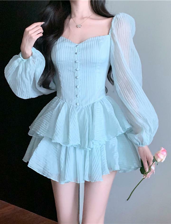 Puff Sleeve Corset Mini Dress with Layered Hem - Y2K Coquette Aesthetic Fashion