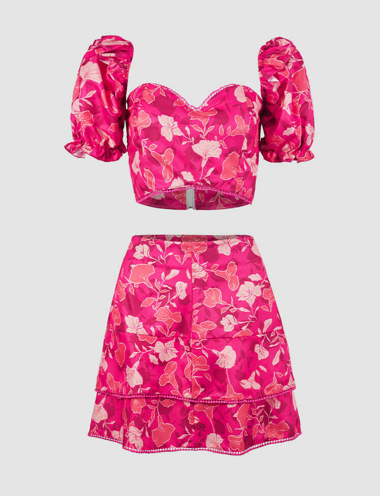 Puff Sleeve Floral Y2K Top & Cargo Skirt Set - Coquette Aesthetic Outfit for Fall