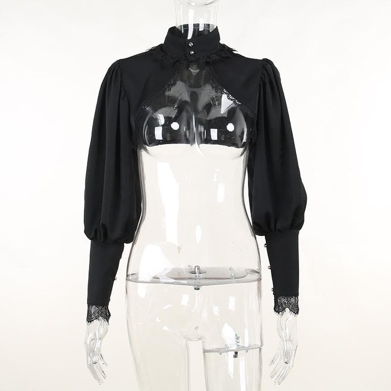 Puff Sleeve Lace Hem Button High Neck Shrug Top - Y2K Coquette Aesthetic Fashion