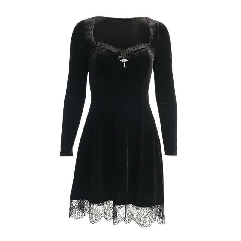 Puff Sleeve Lace Square Neck Velvet Dress - Y2K Aesthetic, Coquette Style, Cute & Comfy