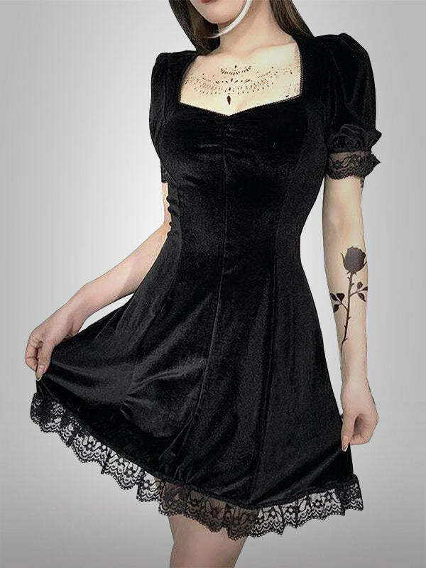 Puff Sleeve Lace Square Neck Velvet Dress - Y2K Aesthetic, Coquette Style, Cute & Comfy