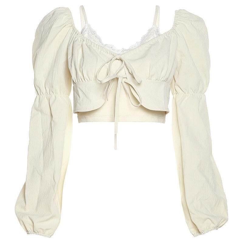 Puff Sleeve Solid Ribbed Lace Hem Patchwork Self-Tie Crop Top for Y2K & Coquette Aesthetic