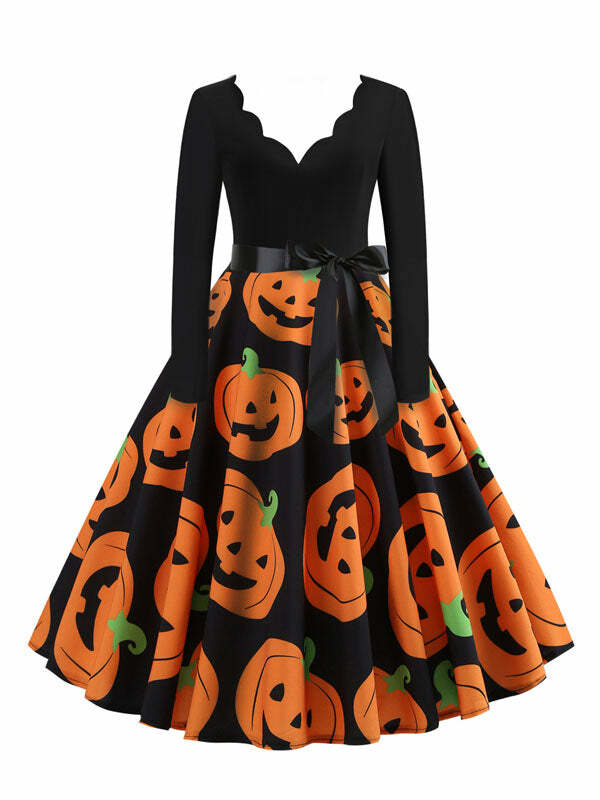 Pumpkin Print Y2K Vintage Swing Dress - Cute Coquette Aesthetic for Fall Fashion