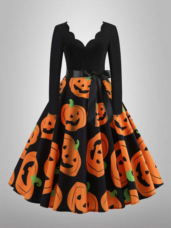 Pumpkin Print Y2K Vintage Swing Dress - Cute Coquette Aesthetic for Fall Fashion