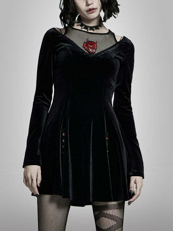 Punk Black Velvet Dress with Embroidery - Y2K Grunge Aesthetic for Edgy Fashionistas