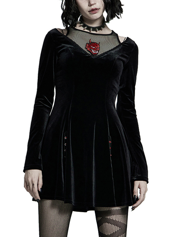 Punk Black Velvet Dress with Embroidery - Y2K Grunge Aesthetic for Edgy Fashionistas