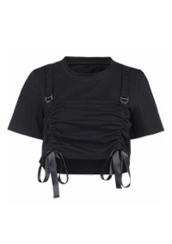 Punk Gothic Pleated Drawstring T-Shirt - Y2K Grunge Aesthetic Top for Edgy Outfits