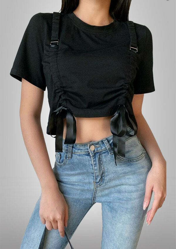 Punk Gothic Pleated Drawstring T-Shirt - Y2K Grunge Aesthetic Top for Edgy Outfits