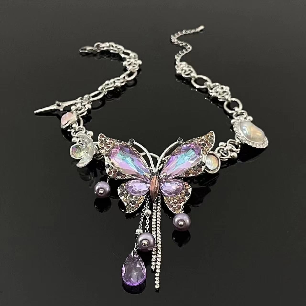 Purple Butterfly Flower Beaded Choker Necklace - Y2K Aesthetic Jewelry for Cute Outfits