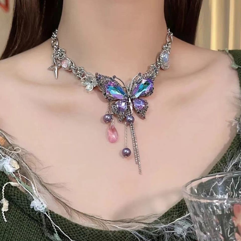 Purple Butterfly Flower Beaded Choker Necklace - Y2K Aesthetic Jewelry for Cute Outfits