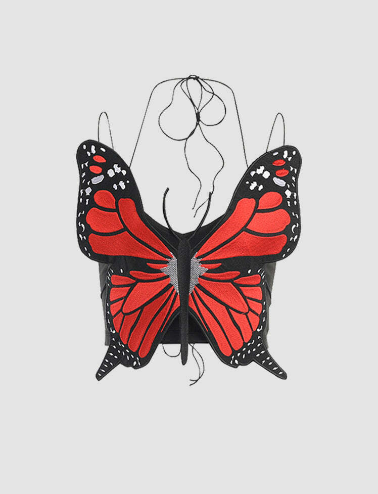 Red Embroidered Butterfly Cami Set - Y2K Aesthetic Cute Top for Coquette & Grunge Styles