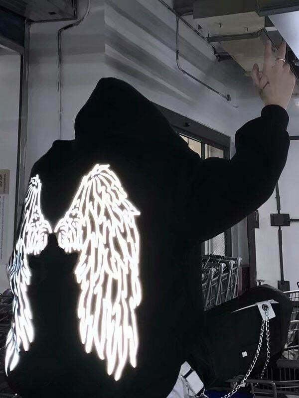 Reflective Angel Wings Y2K Hoodie - Cute Grunge Aesthetic Top for Cozy Fall Vibes
