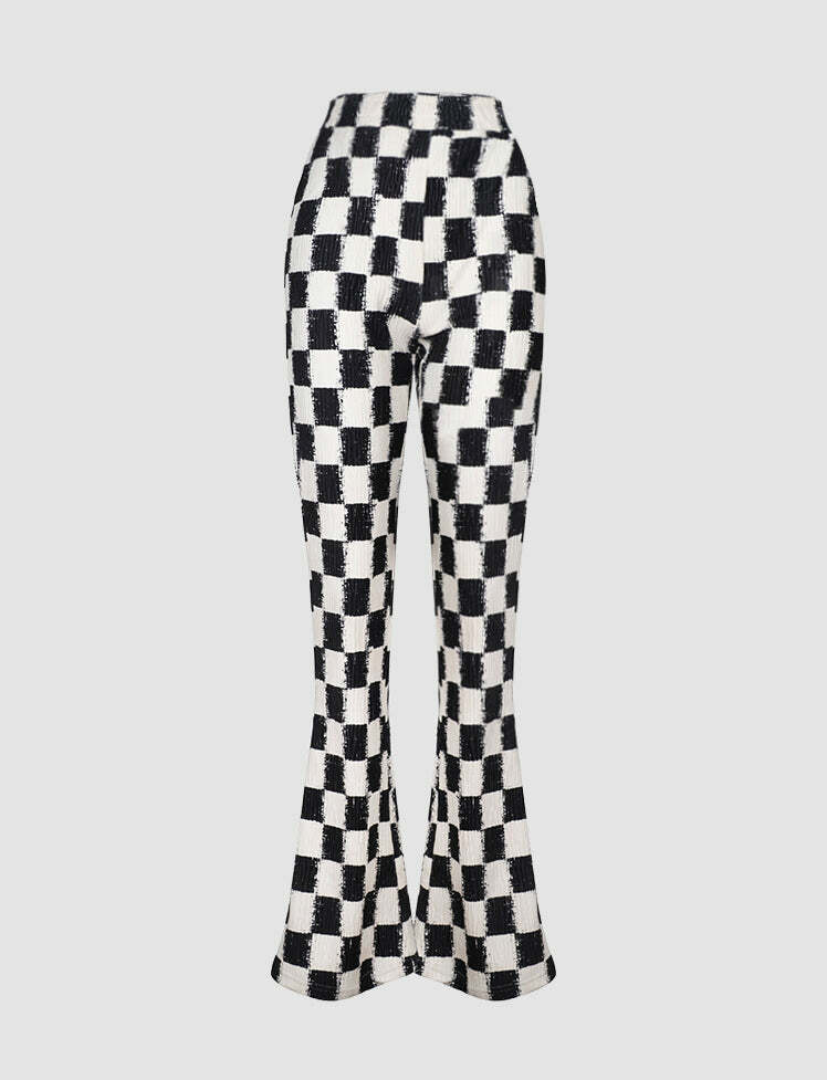 Retro Black & White Checkerboard Flared Trousers - Y2K Grunge Aesthetic Pants for Trendy Outfits
