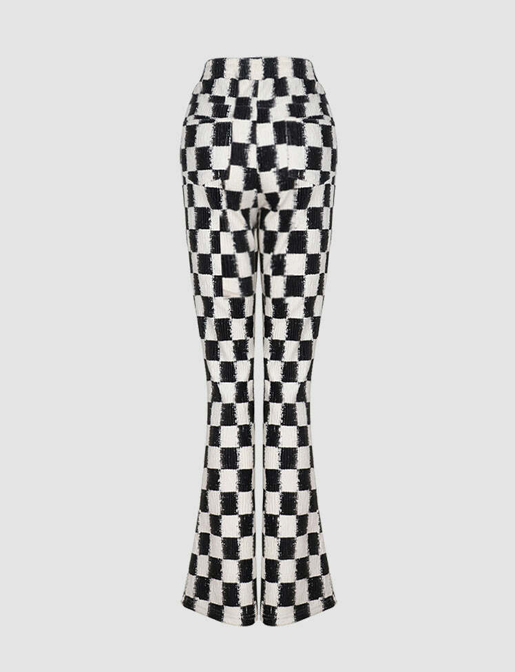 Retro Black & White Checkerboard Flared Trousers - Y2K Grunge Aesthetic Pants for Trendy Outfits