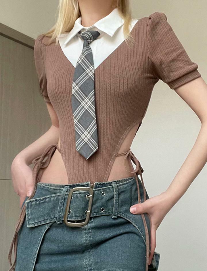 Retro Striped Puff Sleeve Bodysuit with Color Contrast Lapel Tie - Y2K Preppy Aesthetic
