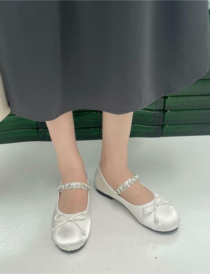 Rhinestone Bowknot Satin Ballet Mary Janes - Y2K Aesthetic Cute Flats for Coquette Style