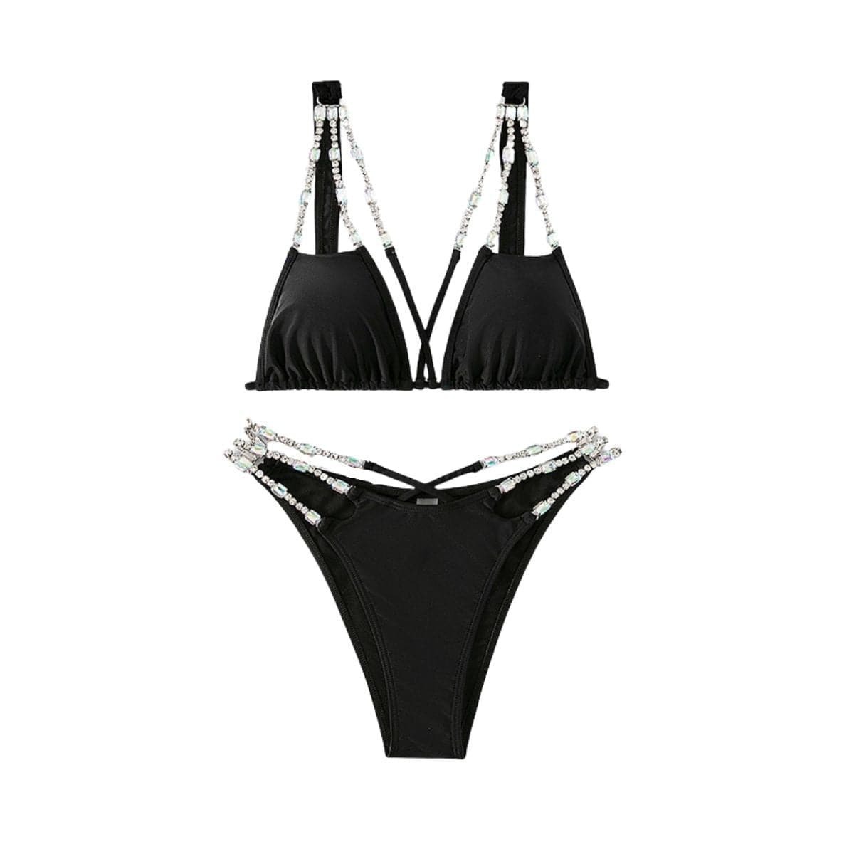 Rhinestone Chain Cross-Front Backless Self-Tie Bikini: Y2K Aesthetic Swimwear for Summer Fun