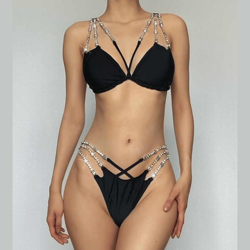Rhinestone Chain Cross-Front Backless Self-Tie Bikini: Y2K Aesthetic Swimwear for Summer Fun