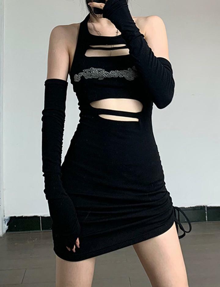 Rhinestone Cutout Halter Bodycon Dress - Y2K Fashion, Coquette Aesthetic, Grunge Style