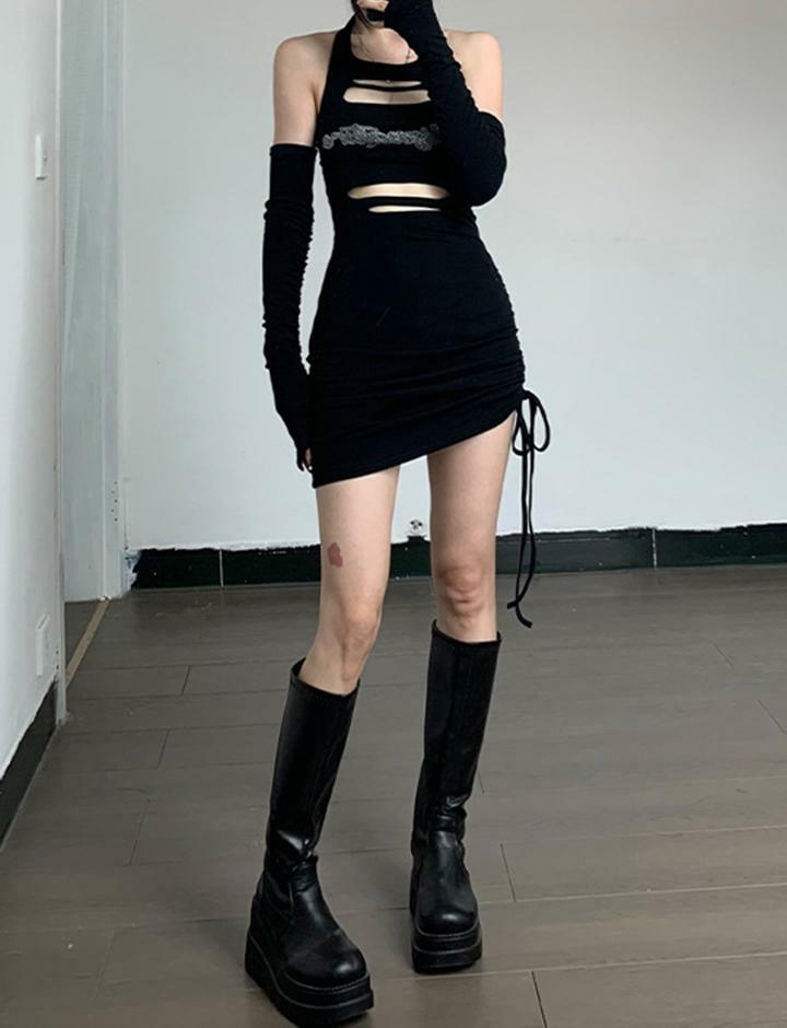 Rhinestone Cutout Halter Bodycon Dress - Y2K Fashion, Coquette Aesthetic, Grunge Style