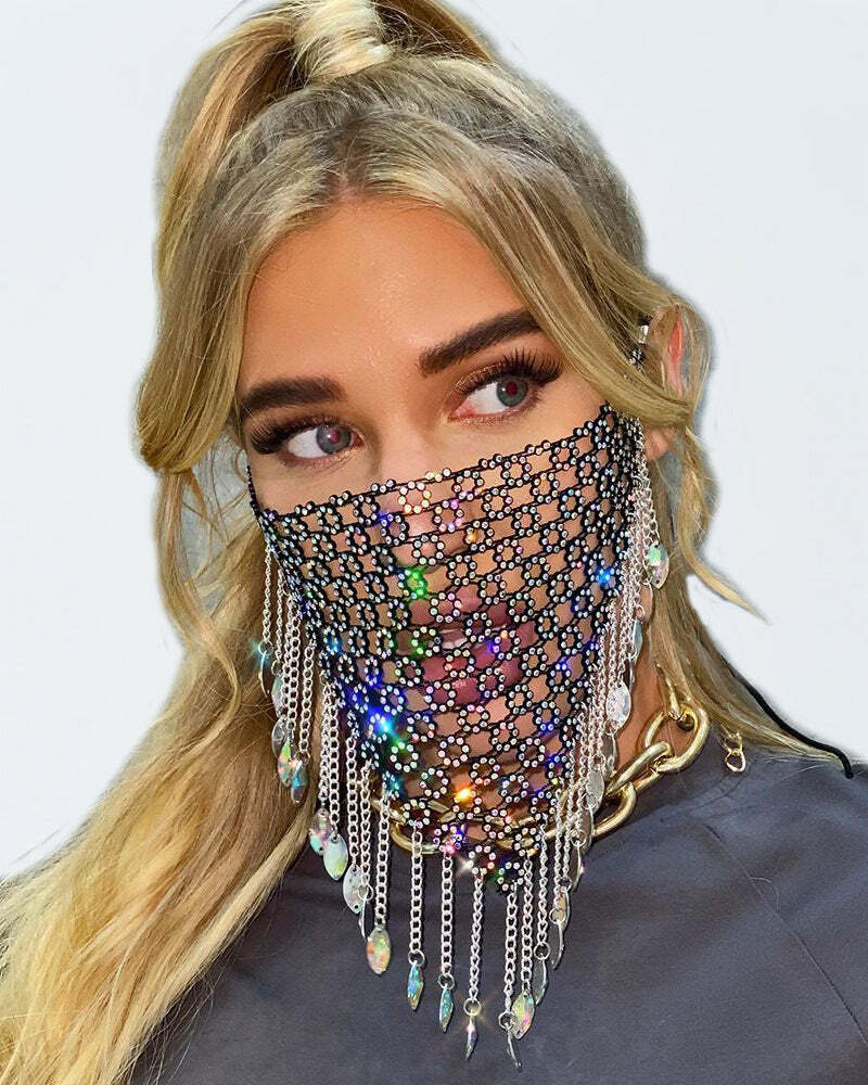 Rhinestone Fringe Party Mask - Y2K Aesthetic Glam, Coquette Style, Grunge Vibes