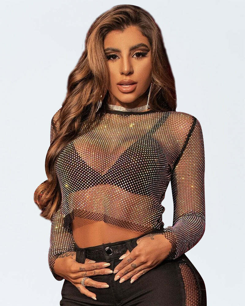 Rhinestone Mesh Cutout Top - Y2K Fashion, Coquette Aesthetic, Grunge Style, Cute Tops