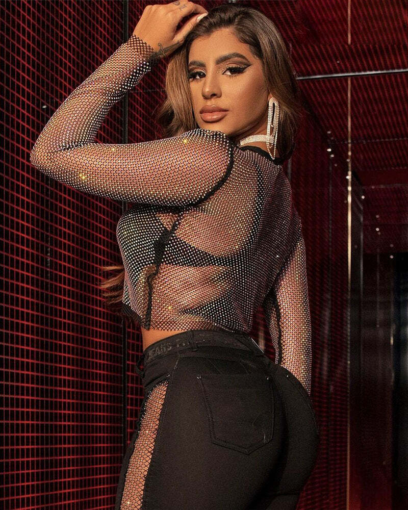 Rhinestone Mesh Cutout Top - Y2K Fashion, Coquette Aesthetic, Grunge Style, Cute Tops