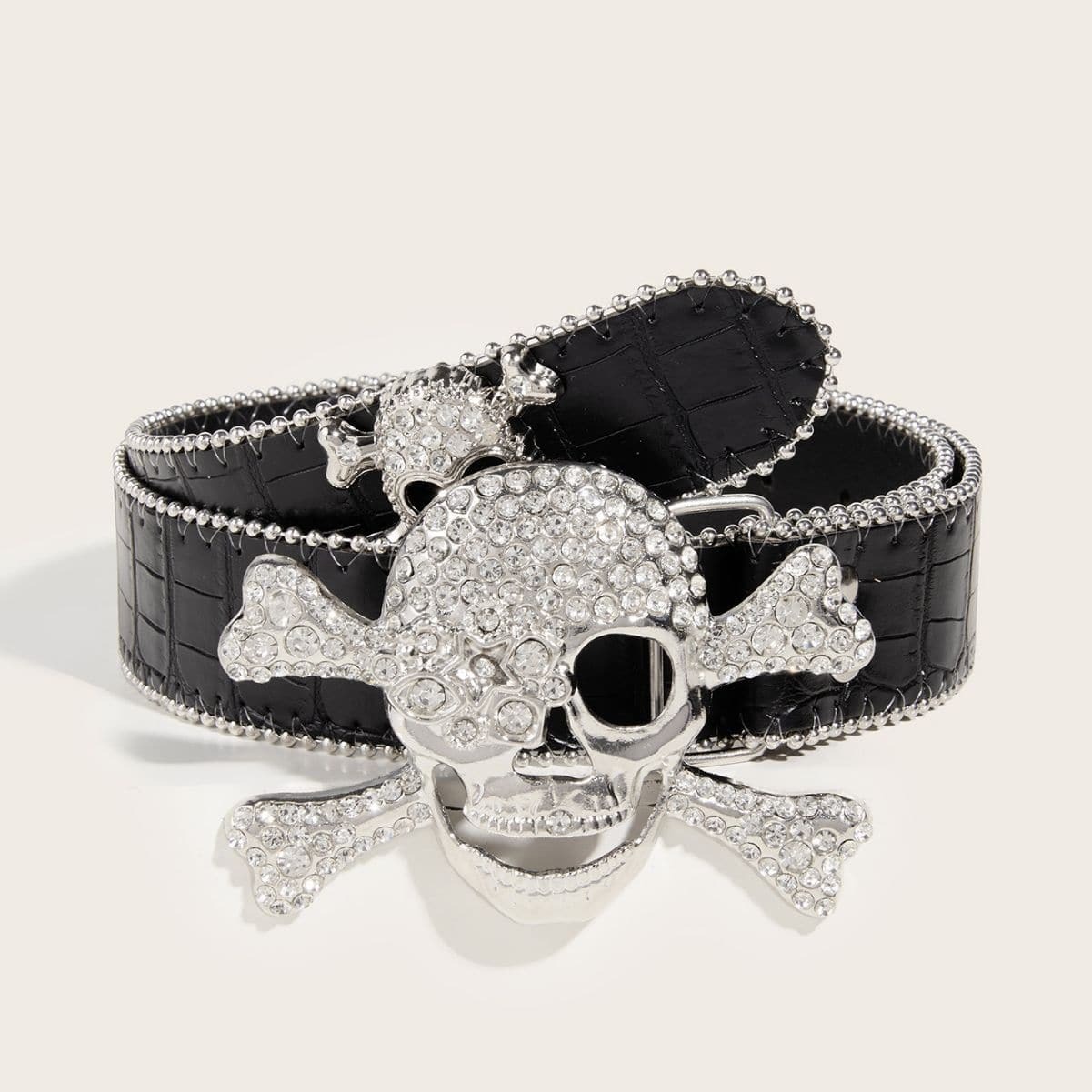Rhinestone Skull Decor Contrast Belt - Y2K Grunge Aesthetic Accessory for Edgy Outfits