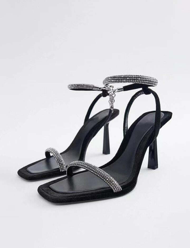 Rhinestone Strap Square Toe Sandals - Y2K Aesthetic Footwear for Coquette & Grunge Styles