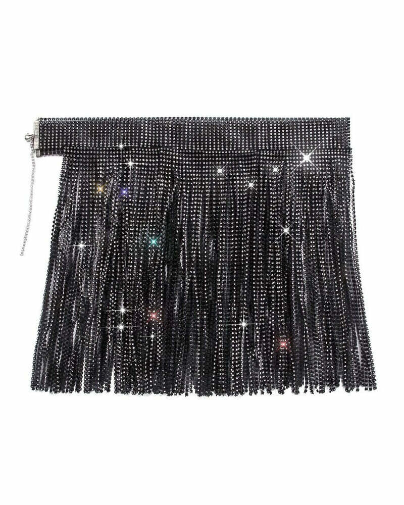 Rhinestone Tassel Mini Skirt - Y2K Grunge Aesthetic, Coquette Style, Cute Party Outfit