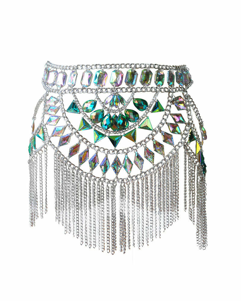 Rhinestone Tassel Waist Chain for Y2K Fashion, Coquette Aesthetic & Grunge Style Outfits