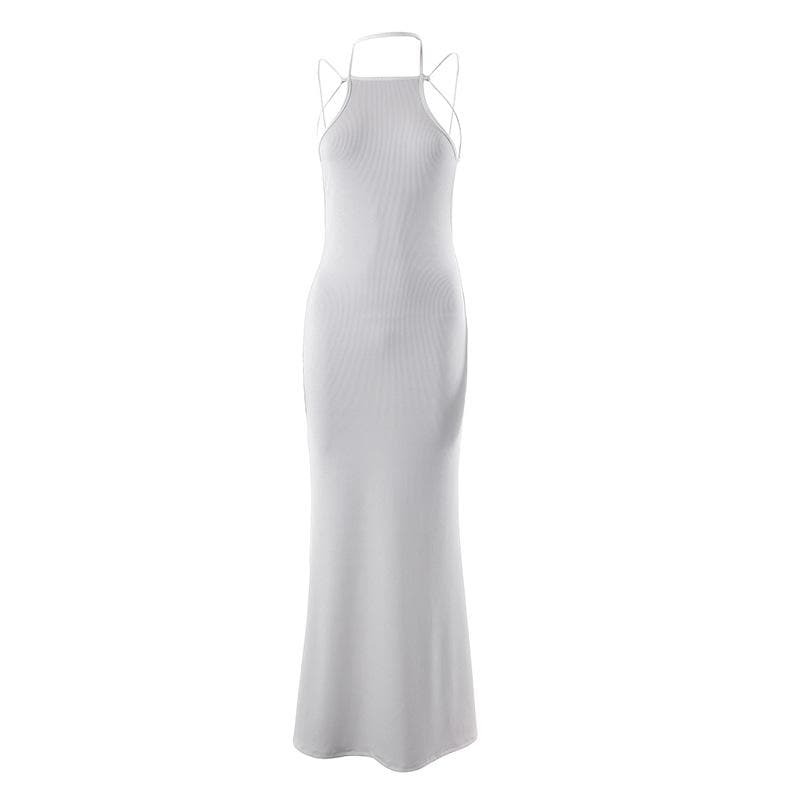 Ribbed Backless Maxi Dress with Self-Tie Halter - Y2K Aesthetic & Coquette Style