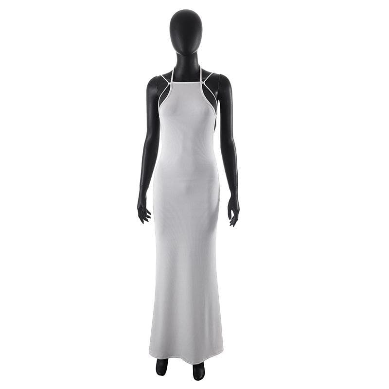 Ribbed Backless Maxi Dress with Self-Tie Halter - Y2K Aesthetic & Coquette Style