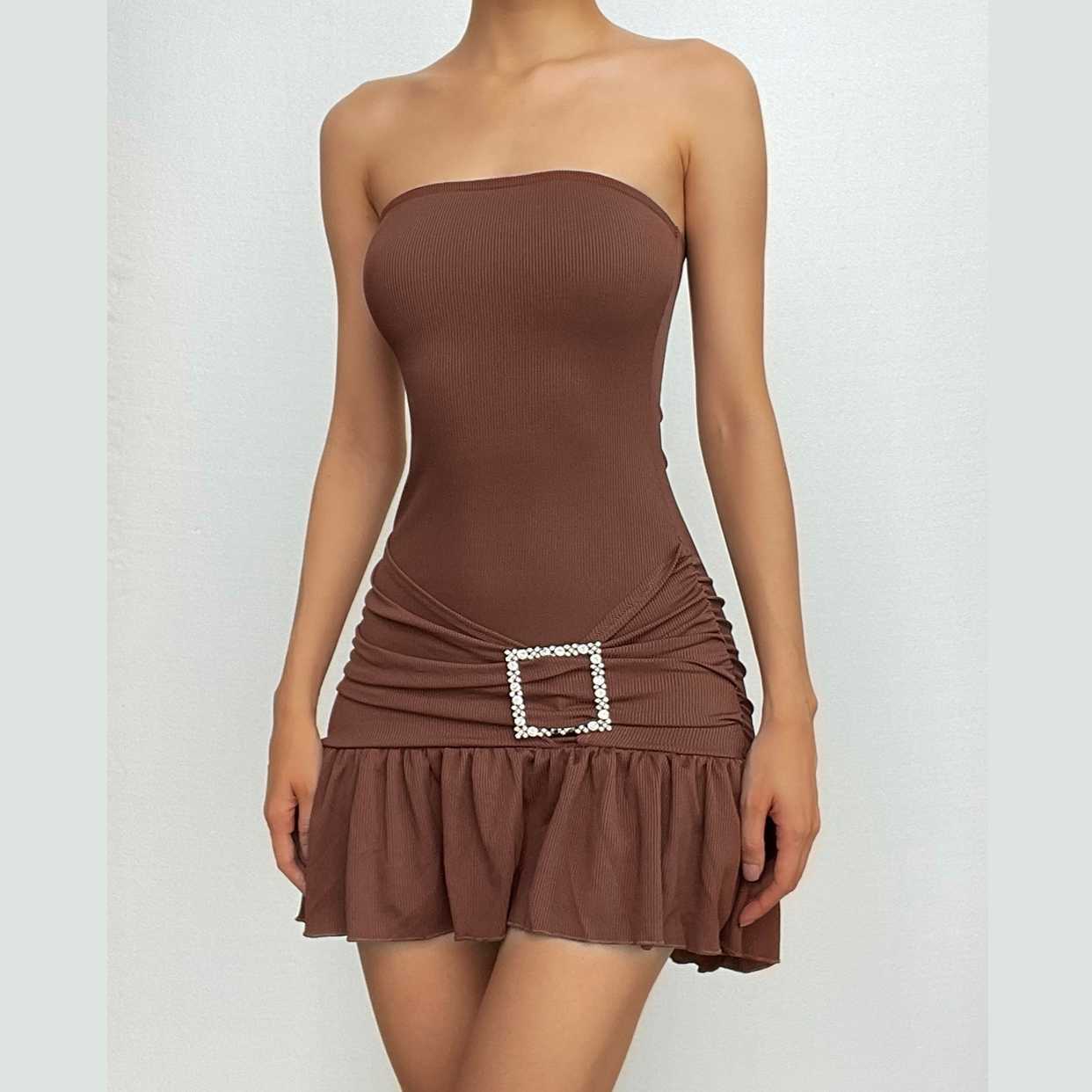 Ribbed Backless Tube Mini Dress with Ruched Ruffle - Y2K Fashion & Coquette Aesthetic