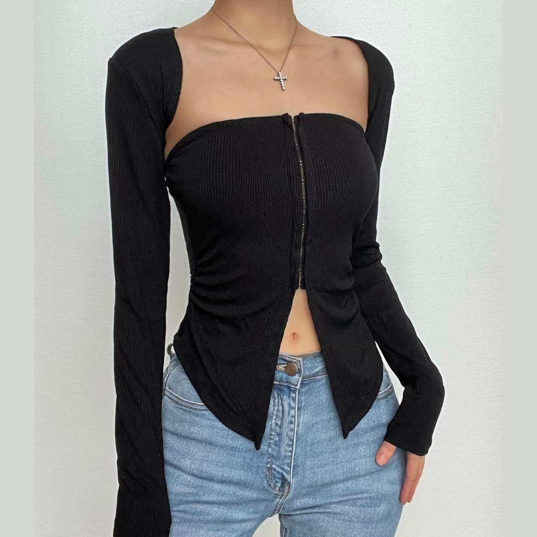 Ribbed Button Long Sleeve Solid Y2K Tube Crop Top - Cute Comfy Aesthetic Outfit