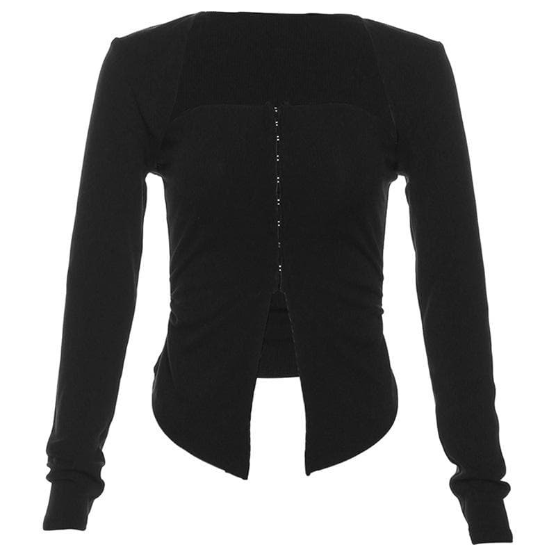 Ribbed Button Long Sleeve Solid Y2K Tube Crop Top - Cute Comfy Aesthetic Outfit