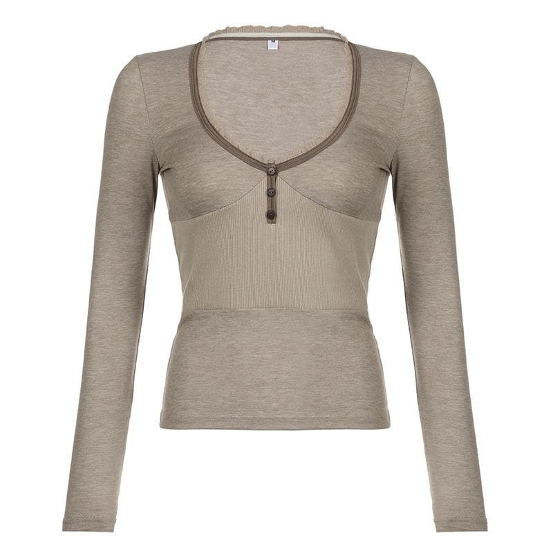 Ribbed Button V-Neck Lace Hem Long Sleeve Top - Y2K Aesthetic Cute Top for Coquette Style