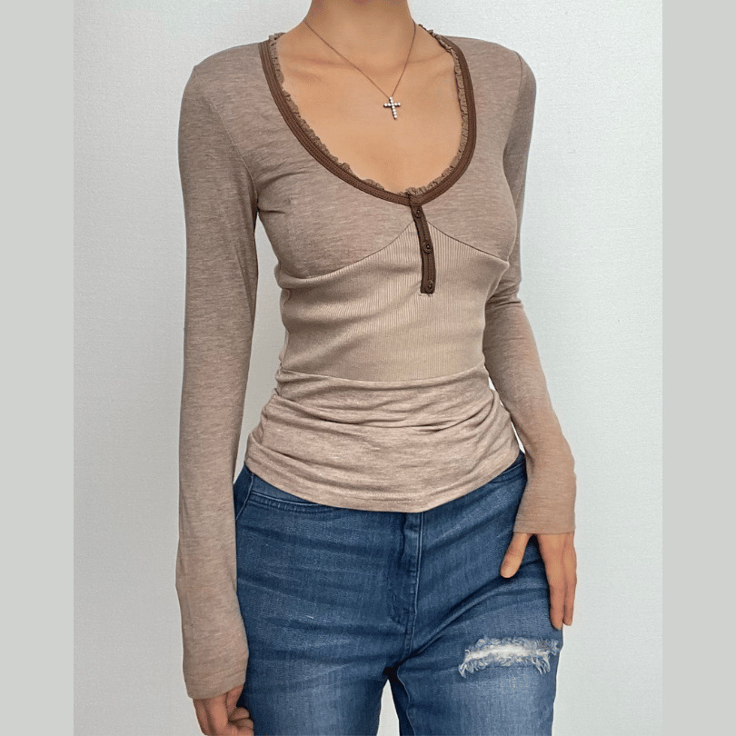 Ribbed Button V-Neck Lace Hem Long Sleeve Top - Y2K Aesthetic Cute Top for Coquette Style