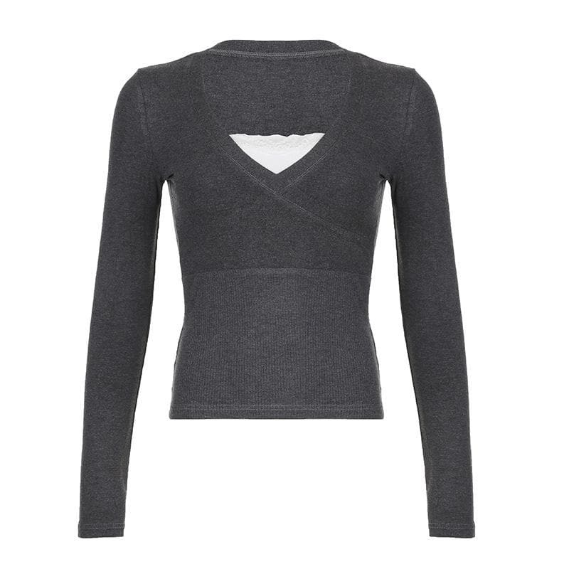 Ribbed Contrast Lace Hem Patchwork Long Sleeve Top - Y2K Aesthetic Cute Top for Grunge & Coquette Styles