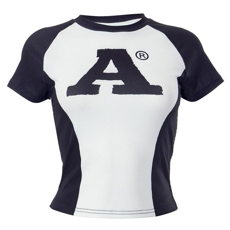 Ribbed Contrast Short Sleeve Y2K Aesthetic Crewneck Top - Cute Coquette & Grunge Style