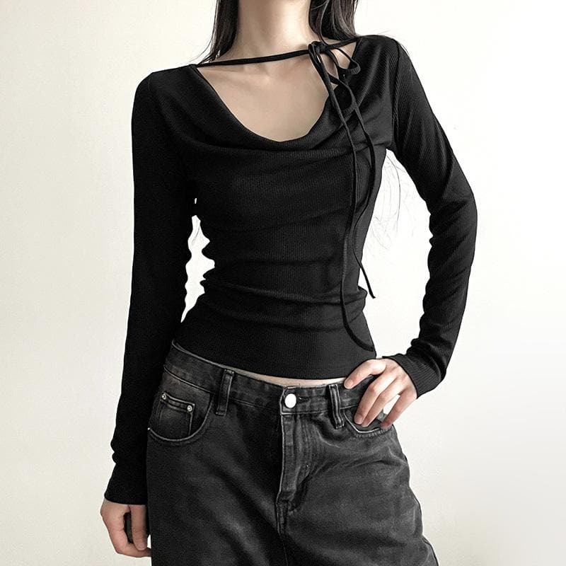 Ribbed Cowl Neck Long Sleeve Top - Y2K Aesthetic Comfy Style for Coquette & Grunge Looks