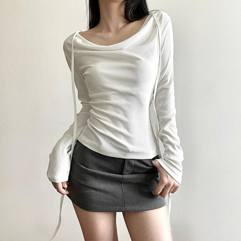 Ribbed Cowl Neck Long Sleeve Top - Y2K Aesthetic Comfy Style for Coquette & Grunge Looks