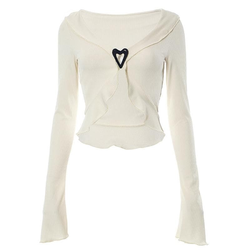 Ribbed Flared Sleeve Heart Applique Ruffle V-Neck Crop Top - Y2K Coquette Aesthetic Fashion