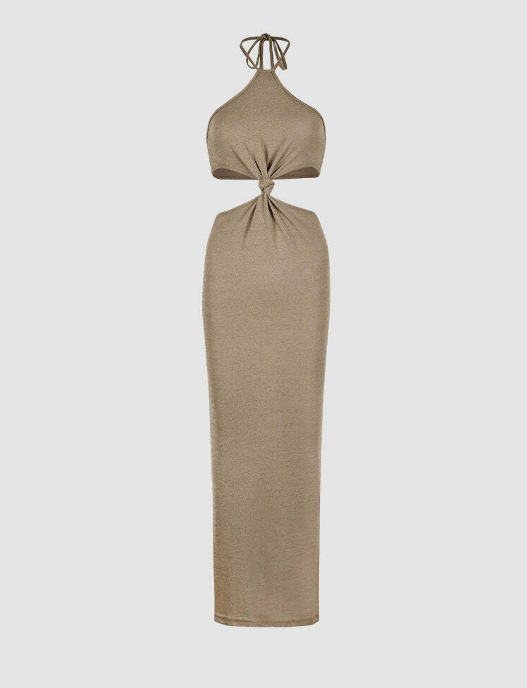 Ribbed Knit Cutout Waist Long Dress - Y2K Aesthetic, Coquette Style, Grunge Fashion