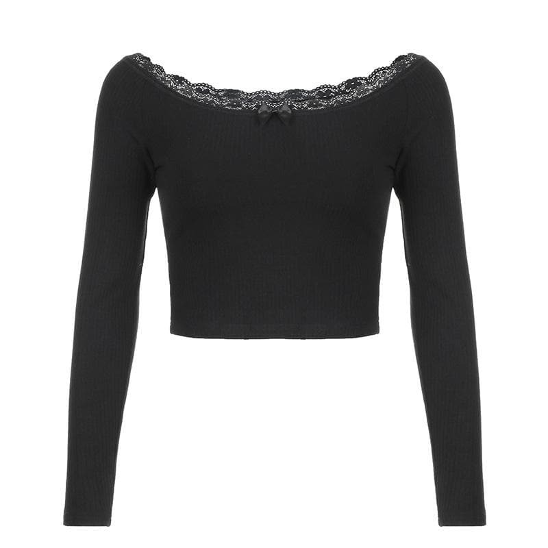 Ribbed Lace Hem Bowknot Long Sleeve Top - Y2K Aesthetic Cute Crop for Coquette Style