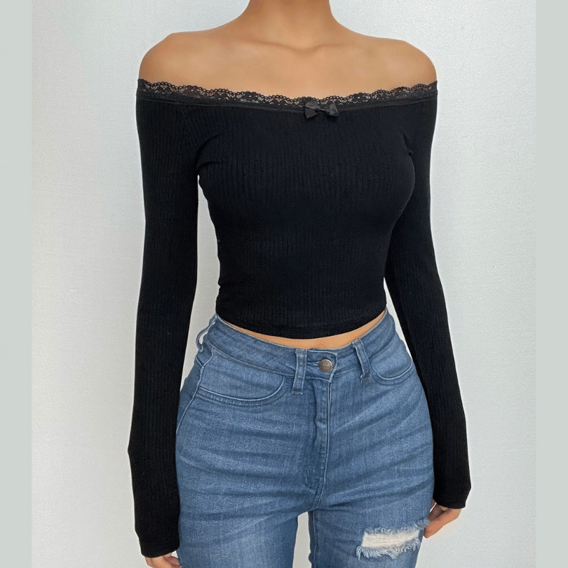 Ribbed Lace Hem Bowknot Long Sleeve Top - Y2K Aesthetic Cute Crop for Coquette Style