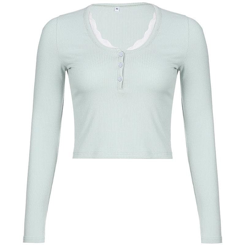 Ribbed Lace Hem Long Sleeve Button Crop Top - Y2K Aesthetic Cute Top for Coquette Style
