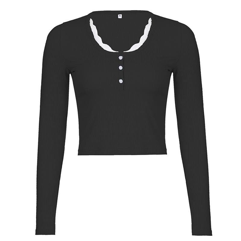 Ribbed Lace Hem Long Sleeve Button Crop Top - Y2K Aesthetic Cute Top for Coquette Style