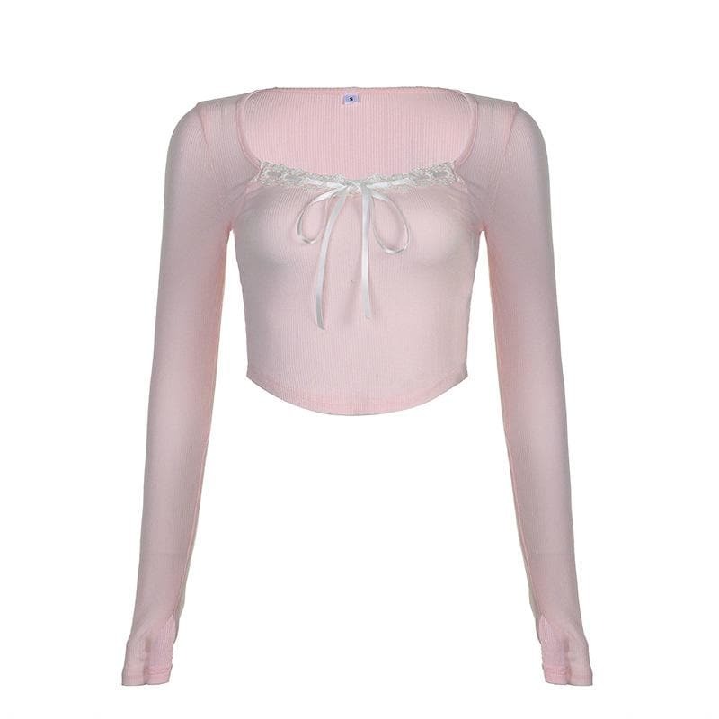 Ribbed Lace Hem Long Sleeve Contrast Square Neck Crop Top - Y2K Coquette Aesthetic Fashion